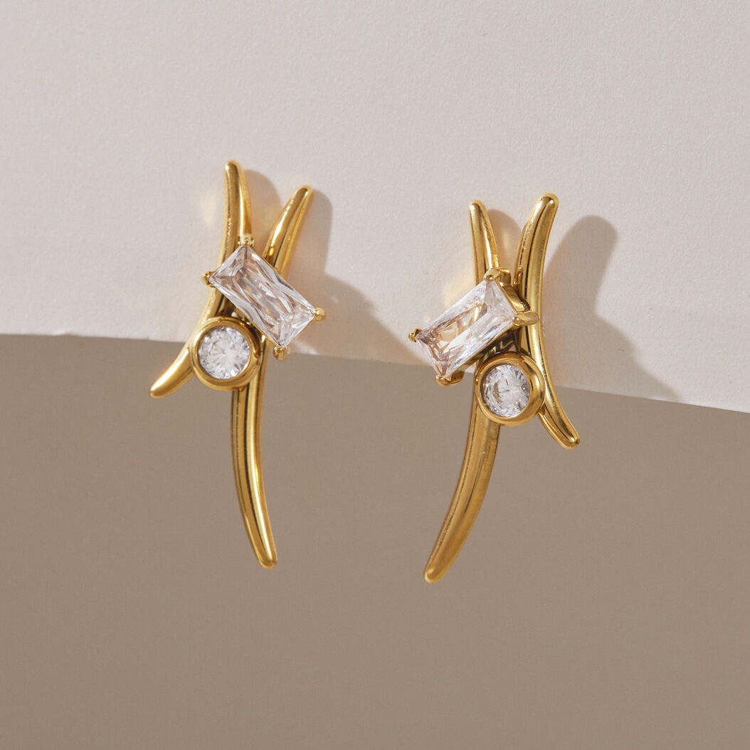 Simple Geometric Shape Stainless Steel Waterproof Gold Color Zircon Women's Stud Earrings