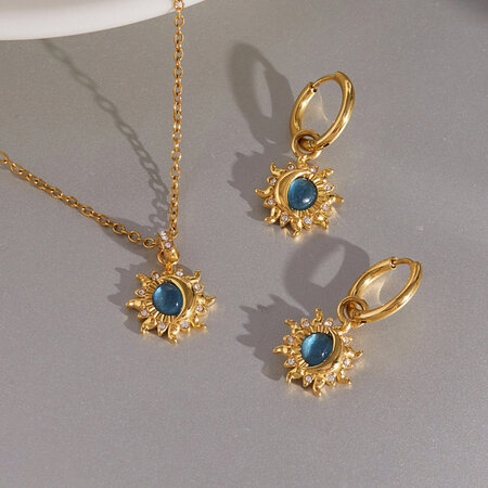 Retro Sun Shape Stainless Steel Waterproof Gold Color Rhinestone Women's Necklaces Sets 2