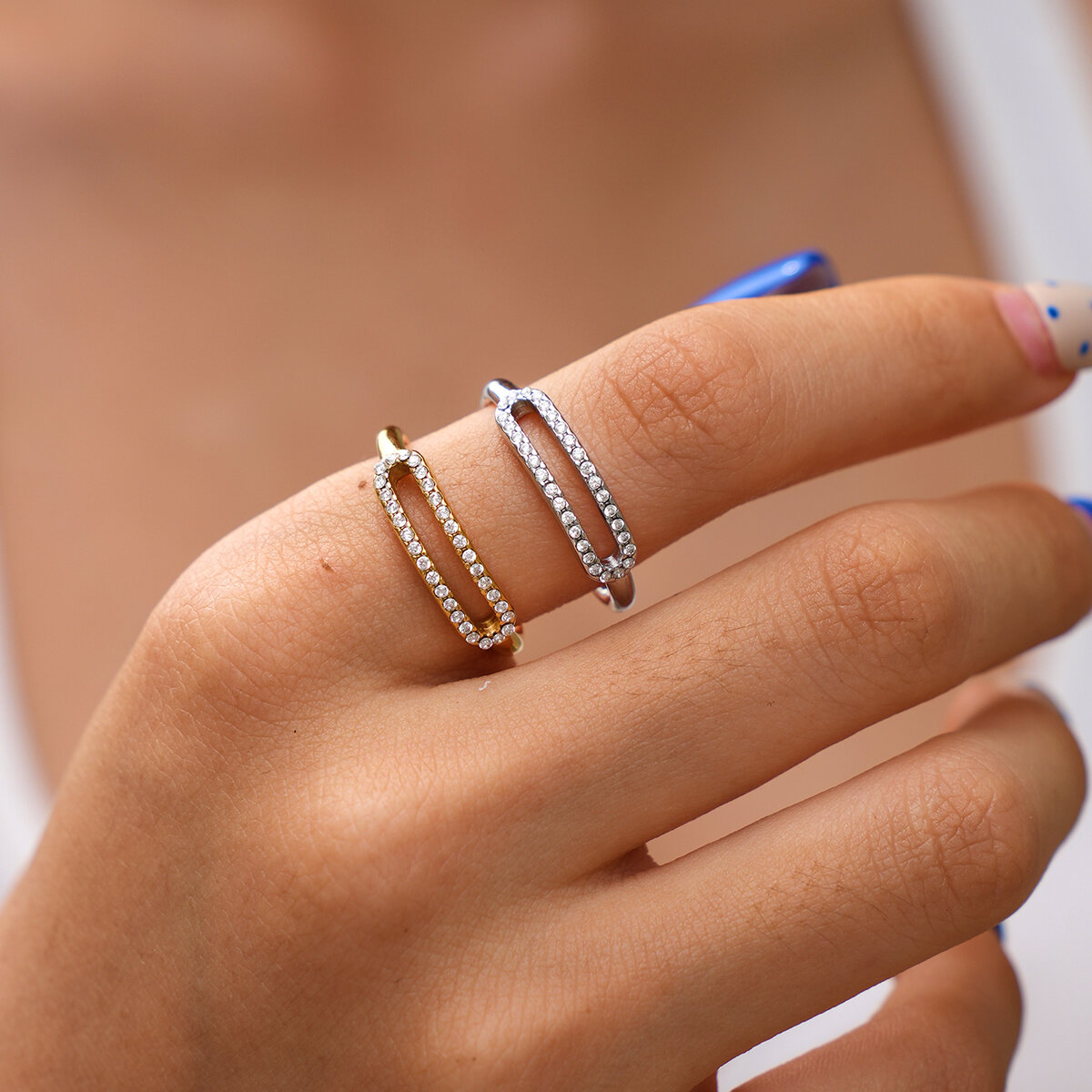 Simple Series Daily Irregular Shape Hollowed-Out Stainless Steel Waterproof   Gold Color  Rhinestone Ring Sets Picture5