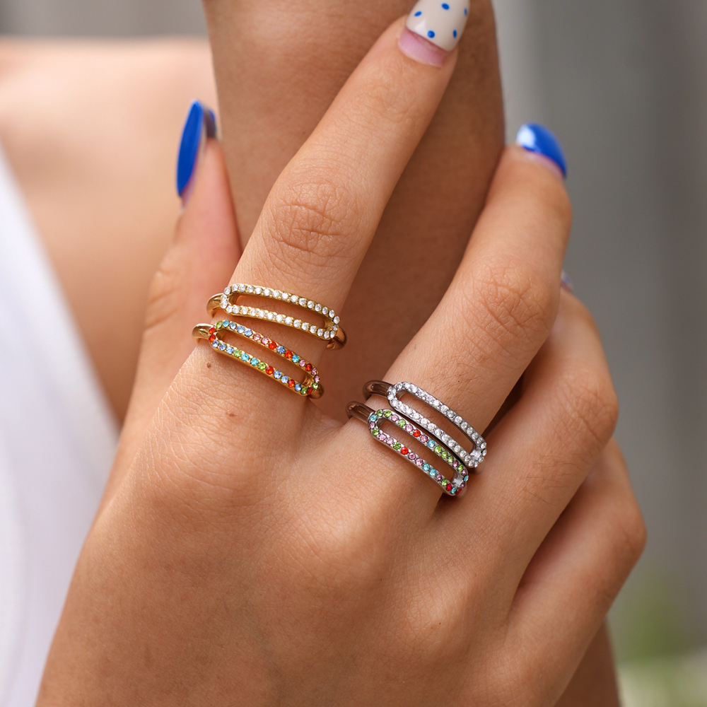 Simple Series Daily Irregular Shape Hollowed-Out Stainless Steel Waterproof   Gold Color  Rhinestone Ring Sets Picture5