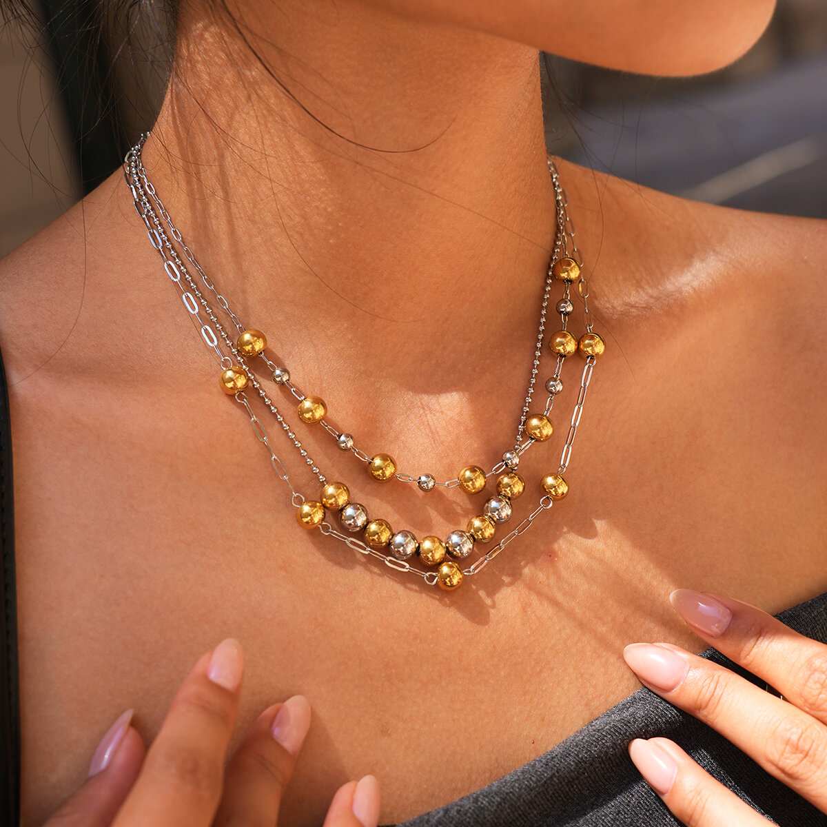 Simple Series Daily Circle Stainless Steel Waterproof   Gold Color  Women's Beaded Necklaces Picture2