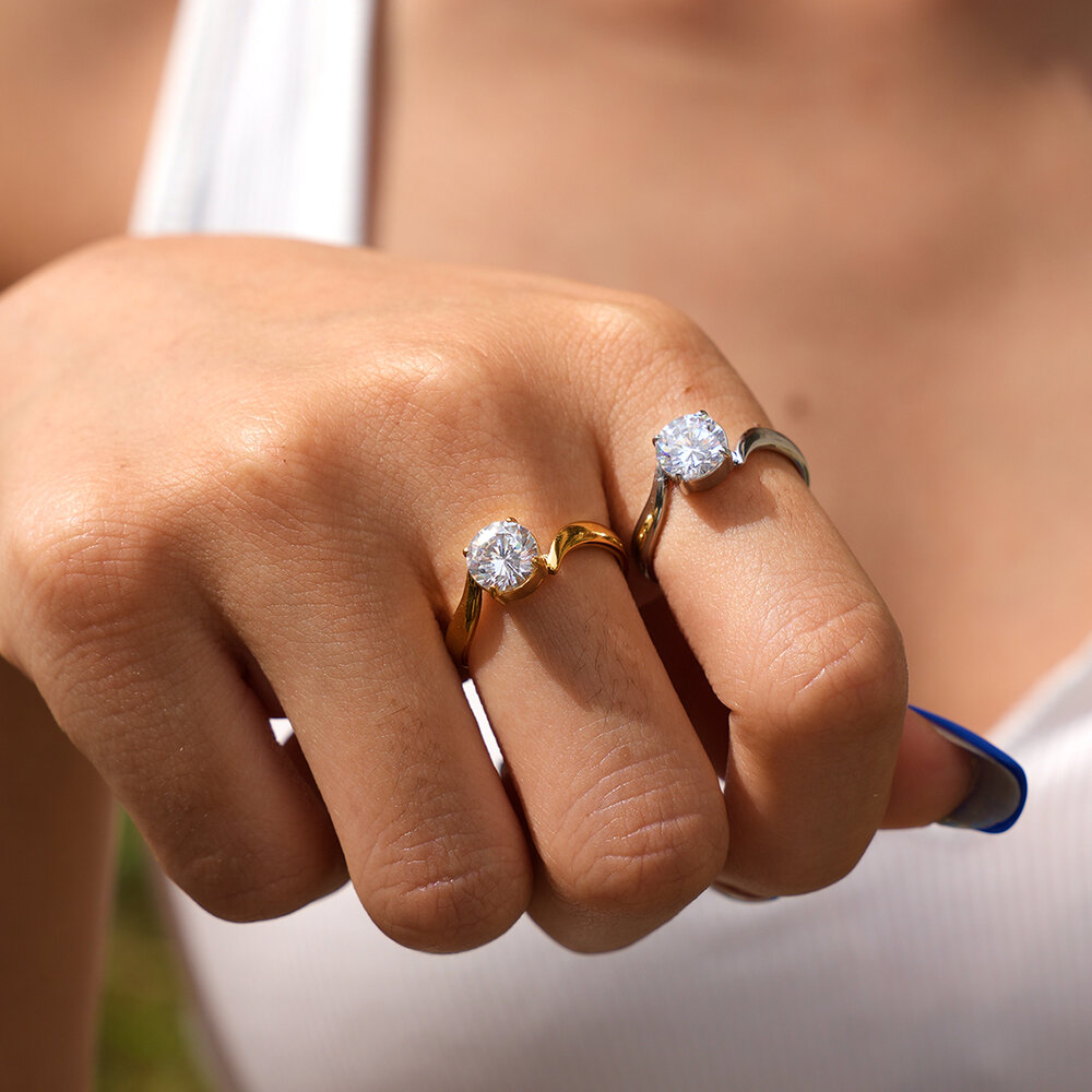Simple Series Daily Irregular Shape Stainless Steel Waterproof Gold Color Zircon Gemstone Rings h5Picture2