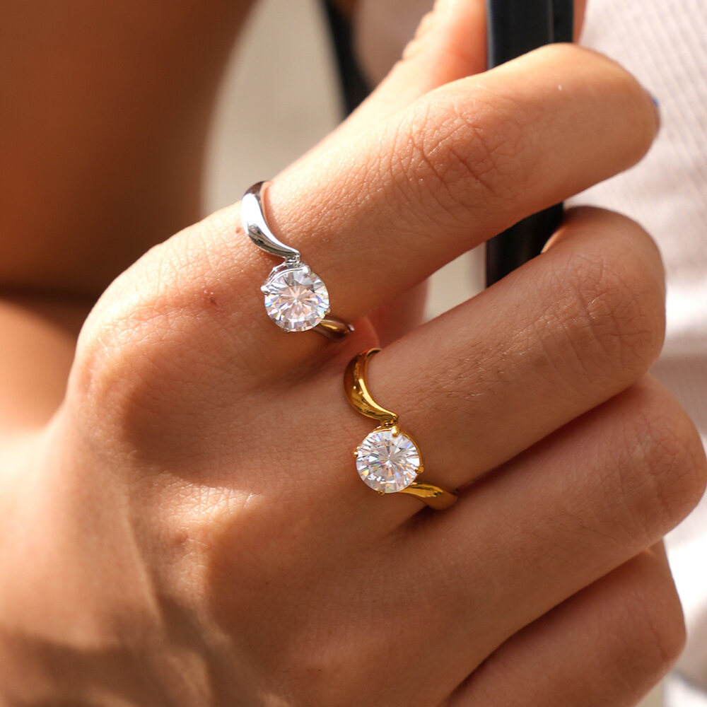 Simple Series Daily Irregular Shape Stainless Steel Waterproof Gold Color Zircon Gemstone Rings h5Picture4