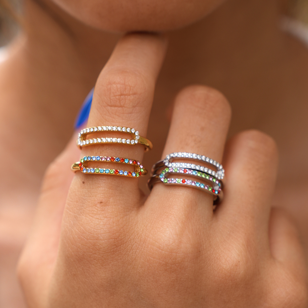 Simple Series Daily Irregular Shape Hollowed-Out Stainless Steel Waterproof   Gold Color  Rhinestone Ring Sets Picture3