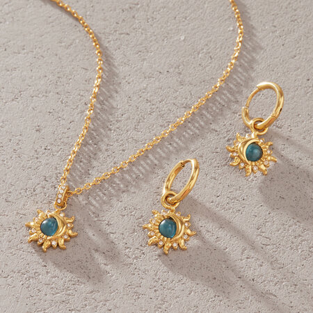 Retro Sun Shape Stainless Steel Waterproof Gold Color Rhinestone Women's Necklaces Sets