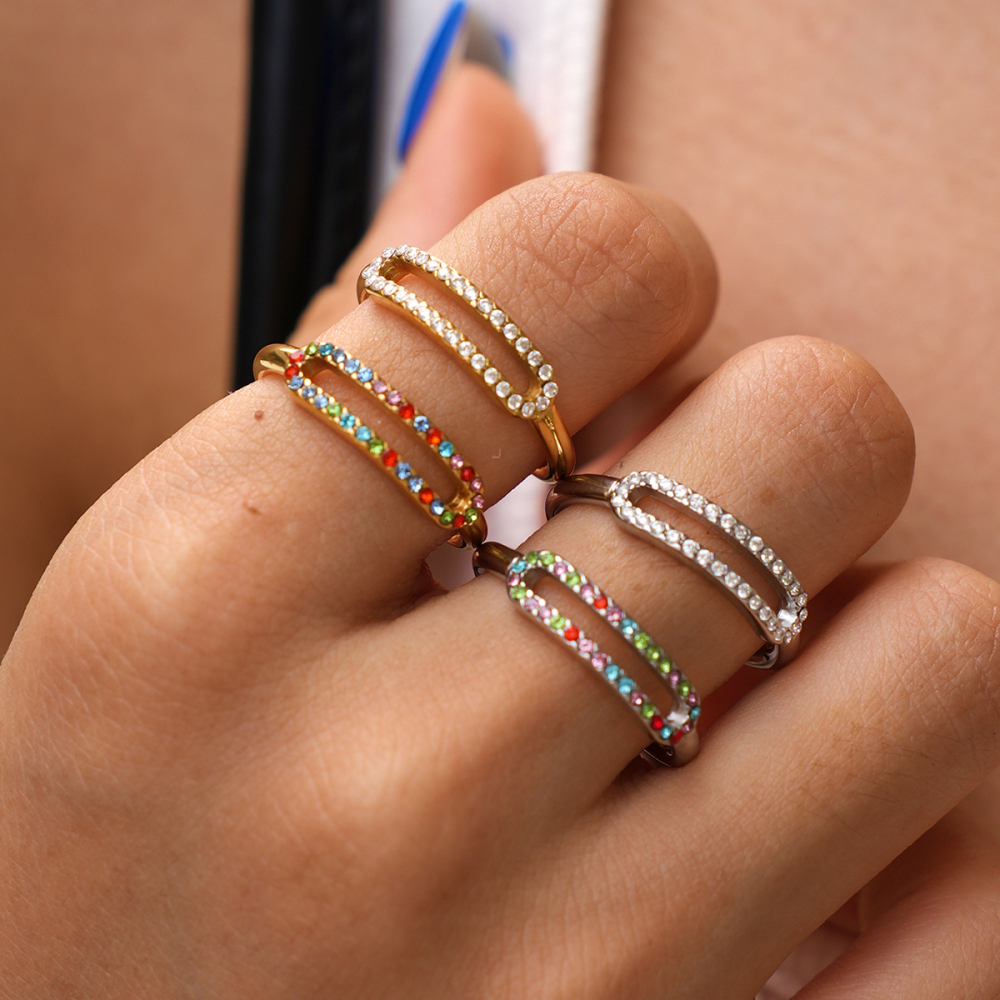 Simple Series Daily Irregular Shape Hollowed-Out Stainless Steel Waterproof   Gold Color  Rhinestone Ring Sets Picture2