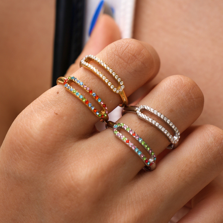 Simple Series Günlük Düzensiz Şekilli İçi Boş Paslanmaz Çelik Su Geçirmez Altın Renkli Rhinestone Yüzük Setleri 2