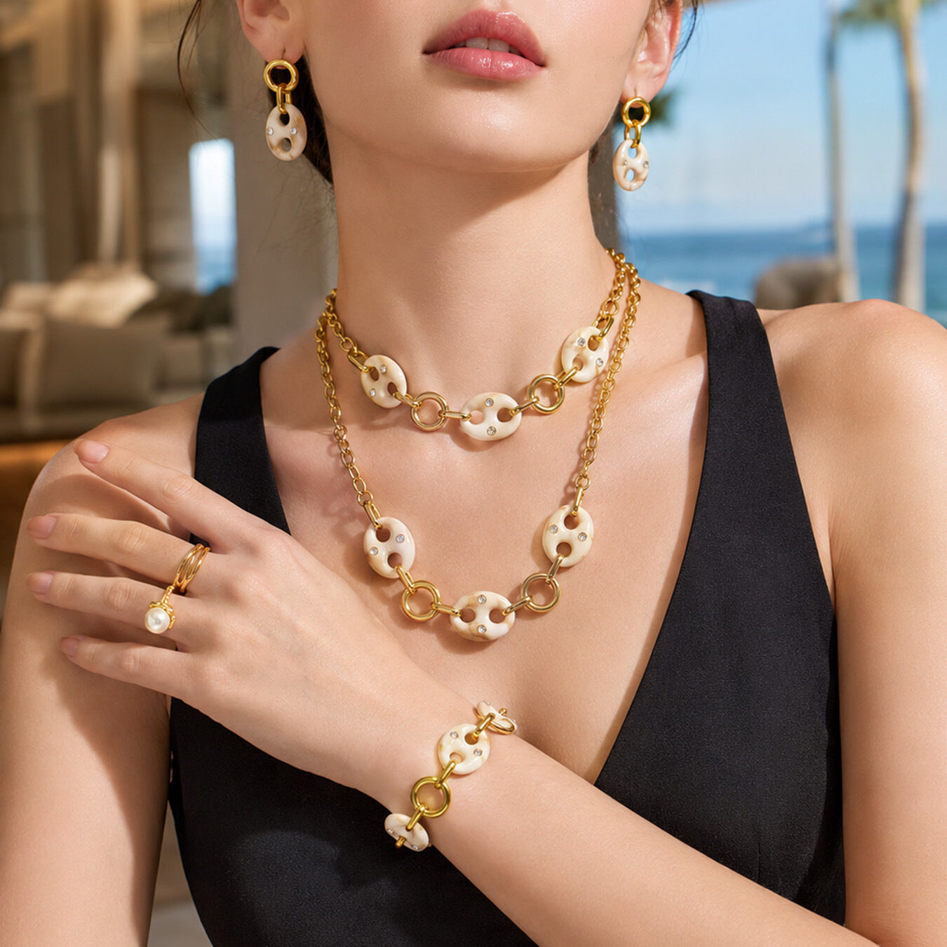 Collares de cadena de lujo de acero inoxidable con elegante forma irregular y resistente al agua, color dorado, para mujer.