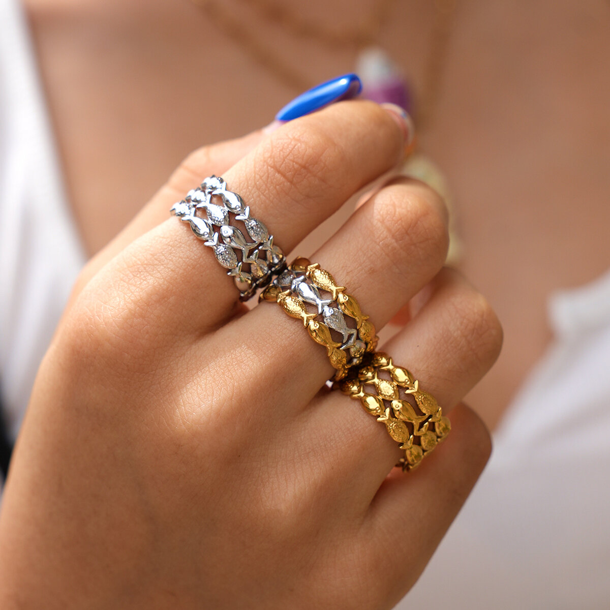 Anillos Llamativos De Acero Inoxidable De Color Dorado, De Forma Irregular Y Diseño Sencillo, De La Serie Simple Daily. h5 Imagen5