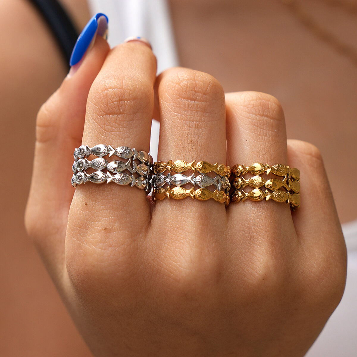 Anillos Llamativos De Acero Inoxidable De Color Dorado, De Forma Irregular Y Diseño Sencillo, De La Serie Simple Daily. h5 Imagen2