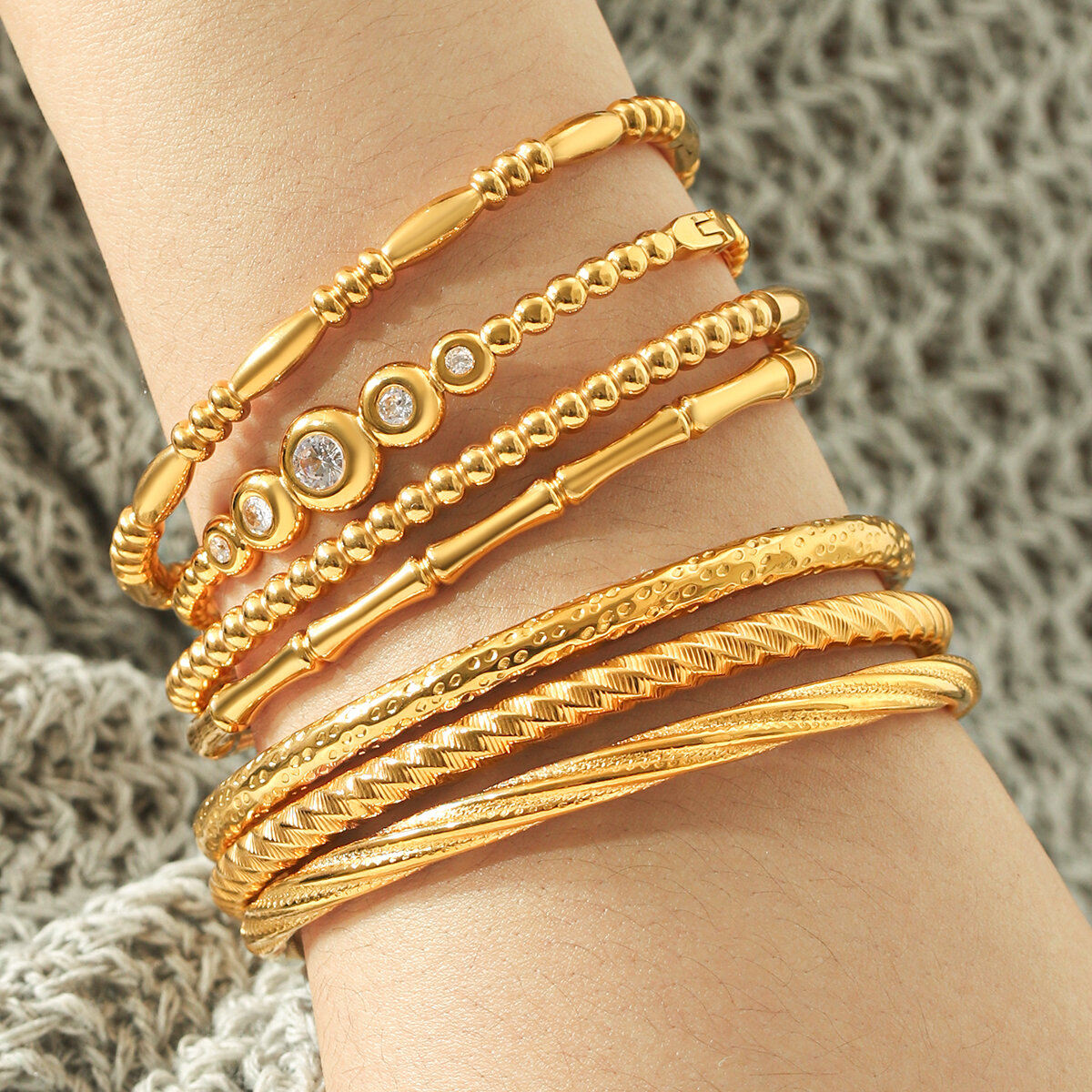 Pulseras Sencillas De Uso Diario, Forma Irregular, Color Sólido, Hilo, Acero Inoxidable, Impermeables, Color Dorado, Circonita, Para Mujer. h5 Imagen4
