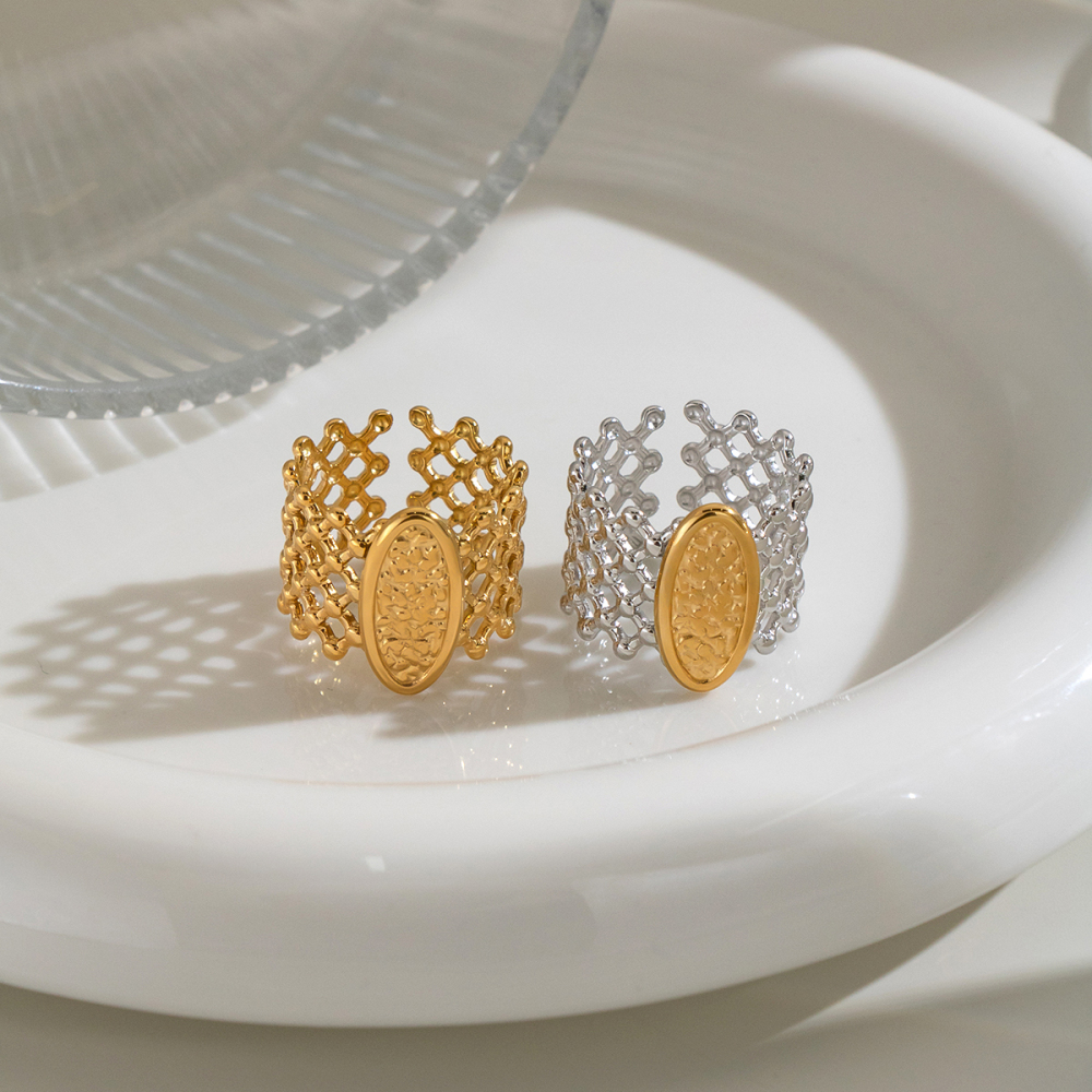 Grid Shape Stainless Steel Waterproof Gold Color Statement Rings Picture3