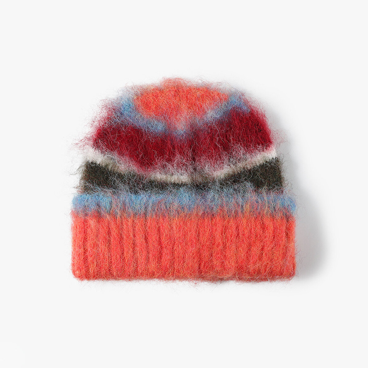 Gestreepte gebreide muts voor dames van wol en polyester.