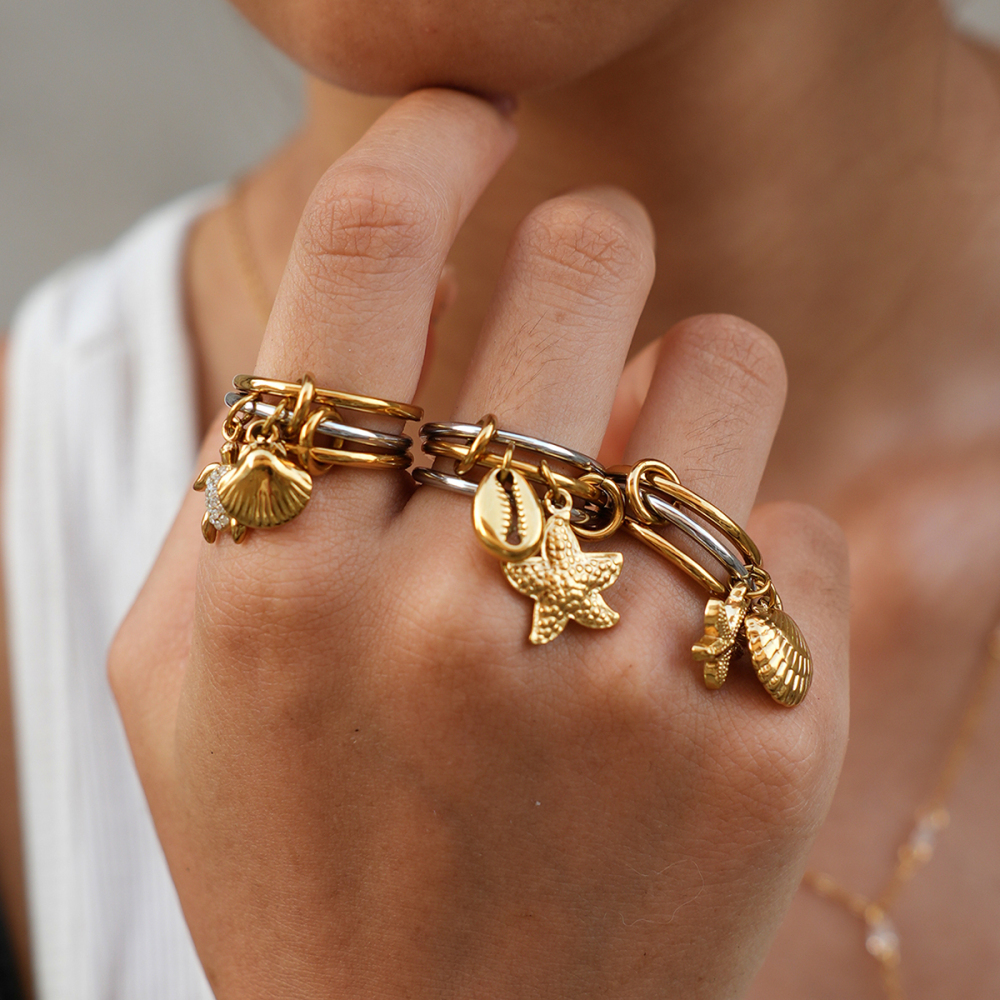 Simple Series Daily Shell Starfish Stainless Steel Waterproof   Gold Color  Statement Rings Picture4
