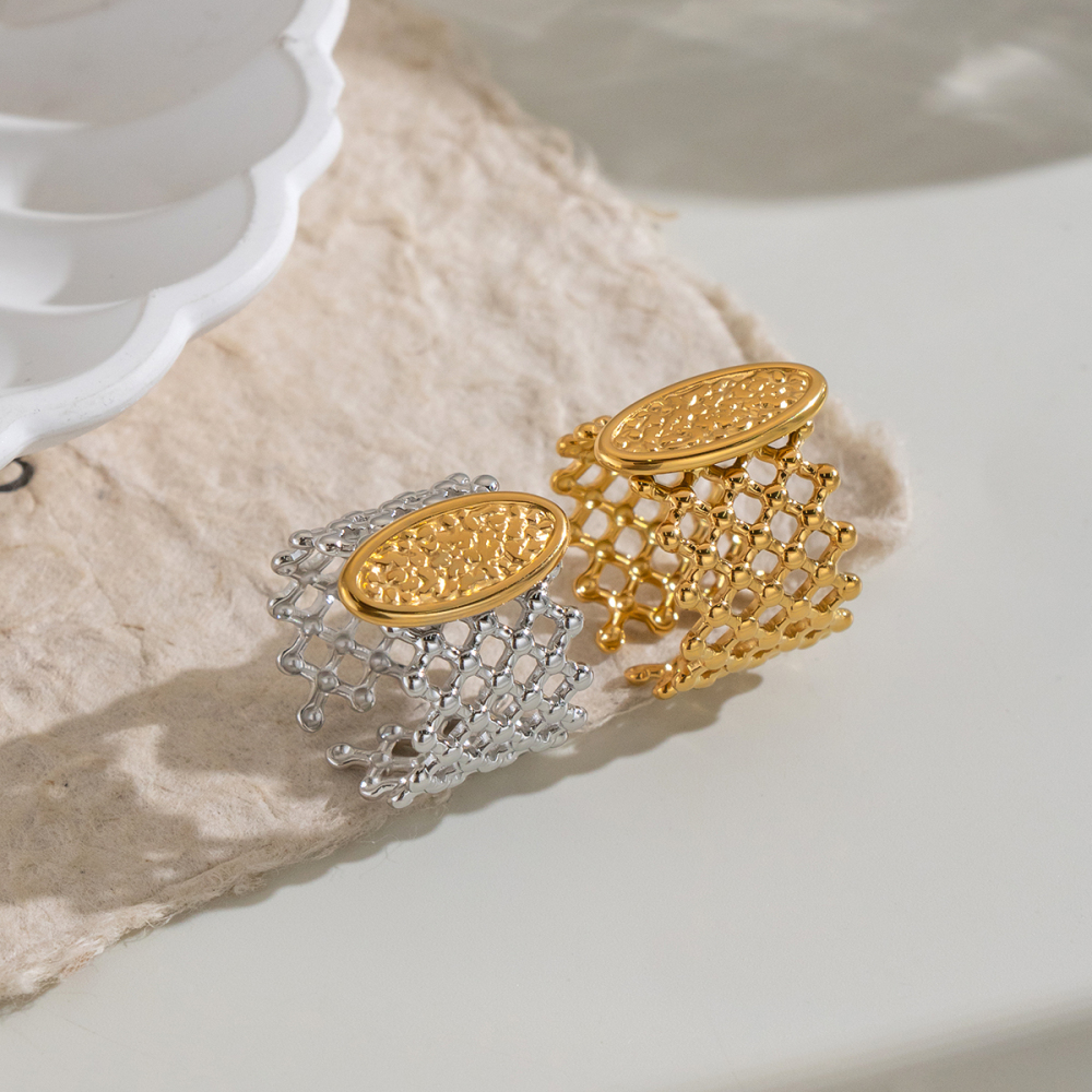 Grid Shape Stainless Steel Waterproof Gold Color Statement Rings Picture4