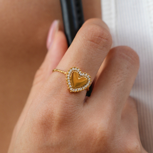 Simple Series Daily Heart Stainless Steel Waterproof   Gold Color  Rhinestone Statement Rings h5 Picture5