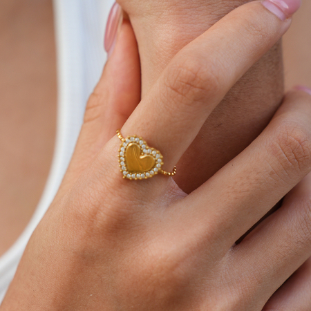 Anelli semplici Daily Heart in acciaio inossidabile color oro impermeabile con strass. 2