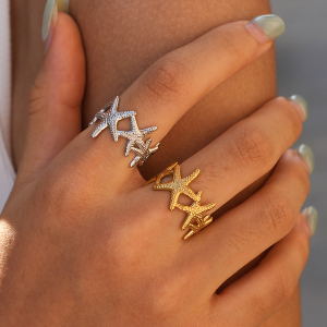 Simple Series Daily Starfish Stainless Steel Waterproof   Gold Color  Statement Rings h5 Picture2