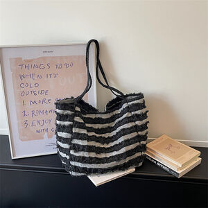 Borsa A Tracolla Quadrata Da Donna In Tela Con Patchwork A Tinta Unita E Strisce, Stile Casual. h5 Immagine5