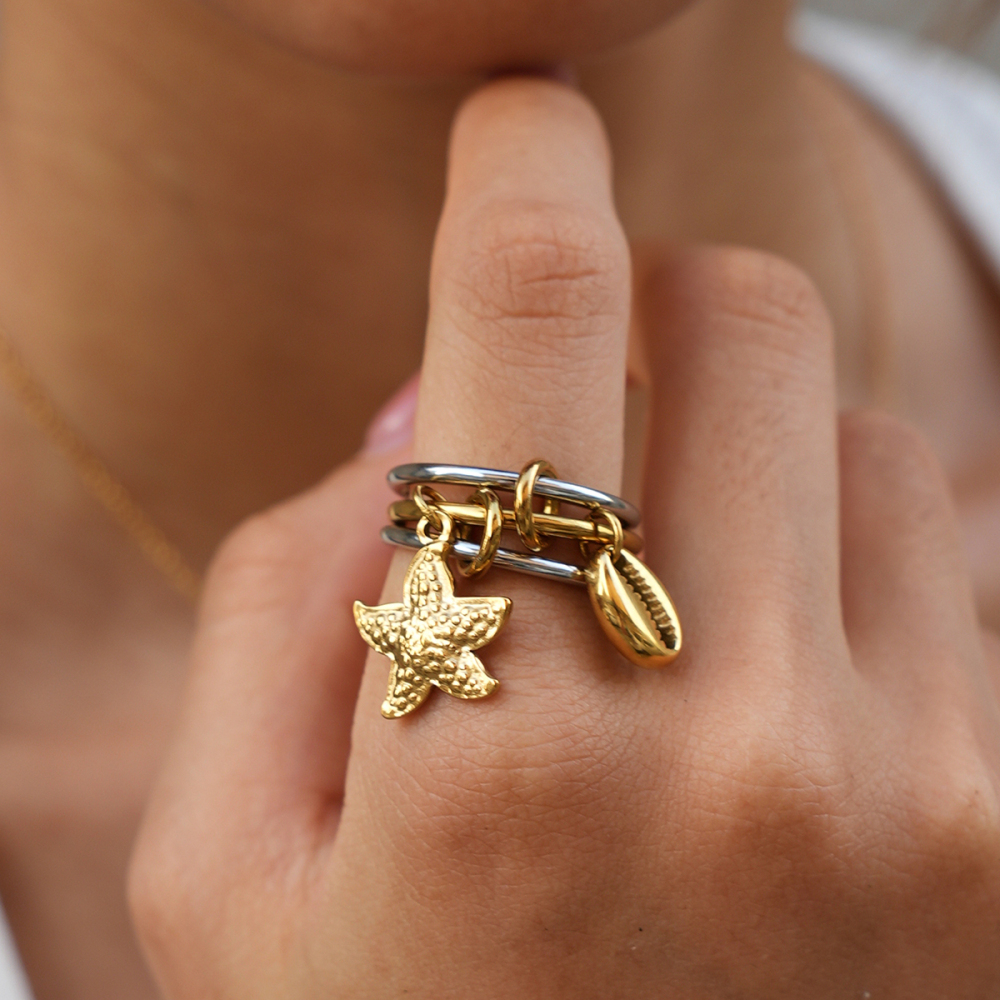 Simple Series Daily Shell Starfish Stainless Steel Waterproof   Gold Color  Statement Rings Picture3
