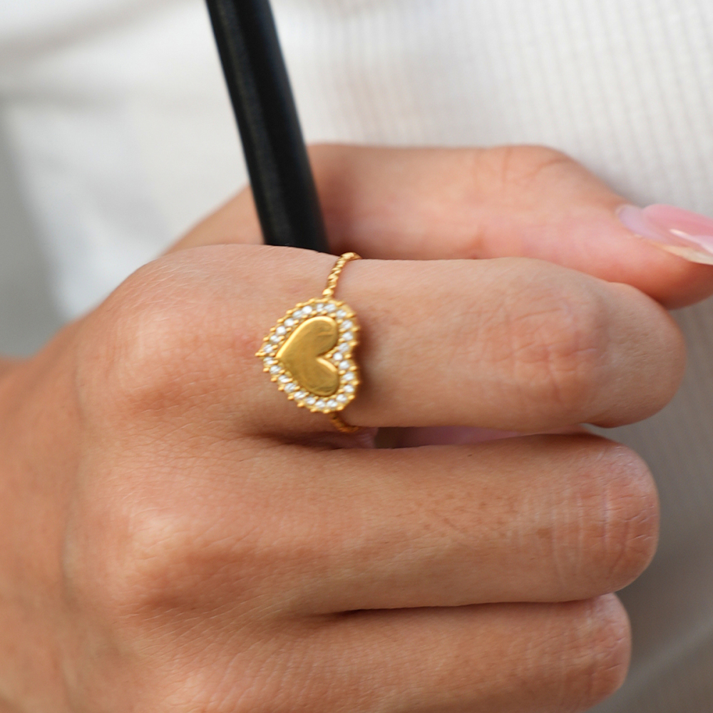 Simple Series Daily Heart Stainless Steel Waterproof   Gold Color  Rhinestone Statement Rings Picture4