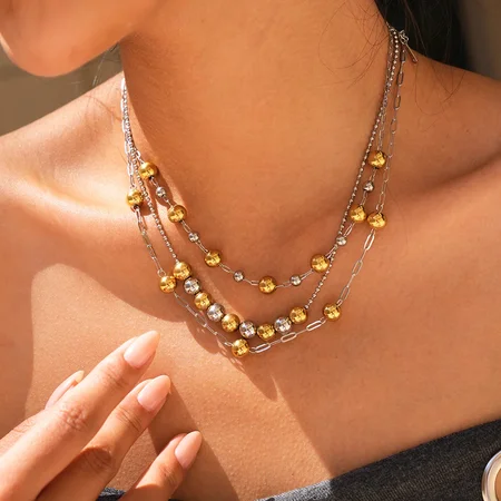 Collana da donna Simple Series Daily Circle in acciaio inossidabile impermeabile color oro con perline