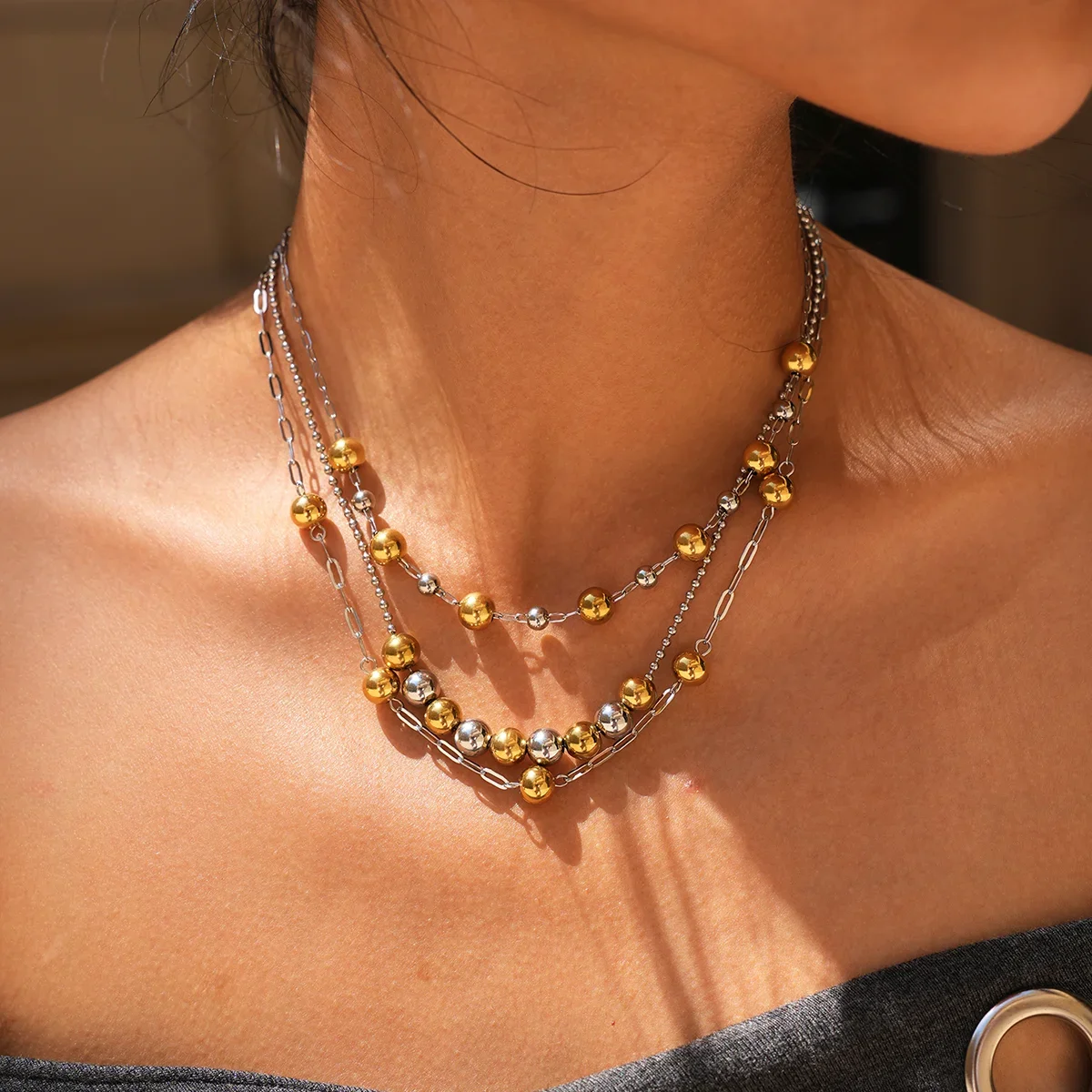 Simple Series Daily Circle Stainless Steel Waterproof   Gold Color  Women's Beaded Necklaces Picture4