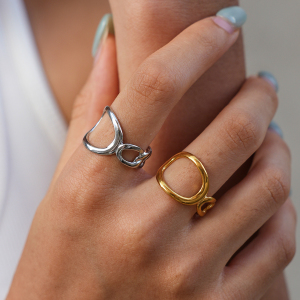 Simple Series Daily Irregular Shape Hollowed-Out Stainless Steel Waterproof Gold Color Statement Rings h5 Picture2