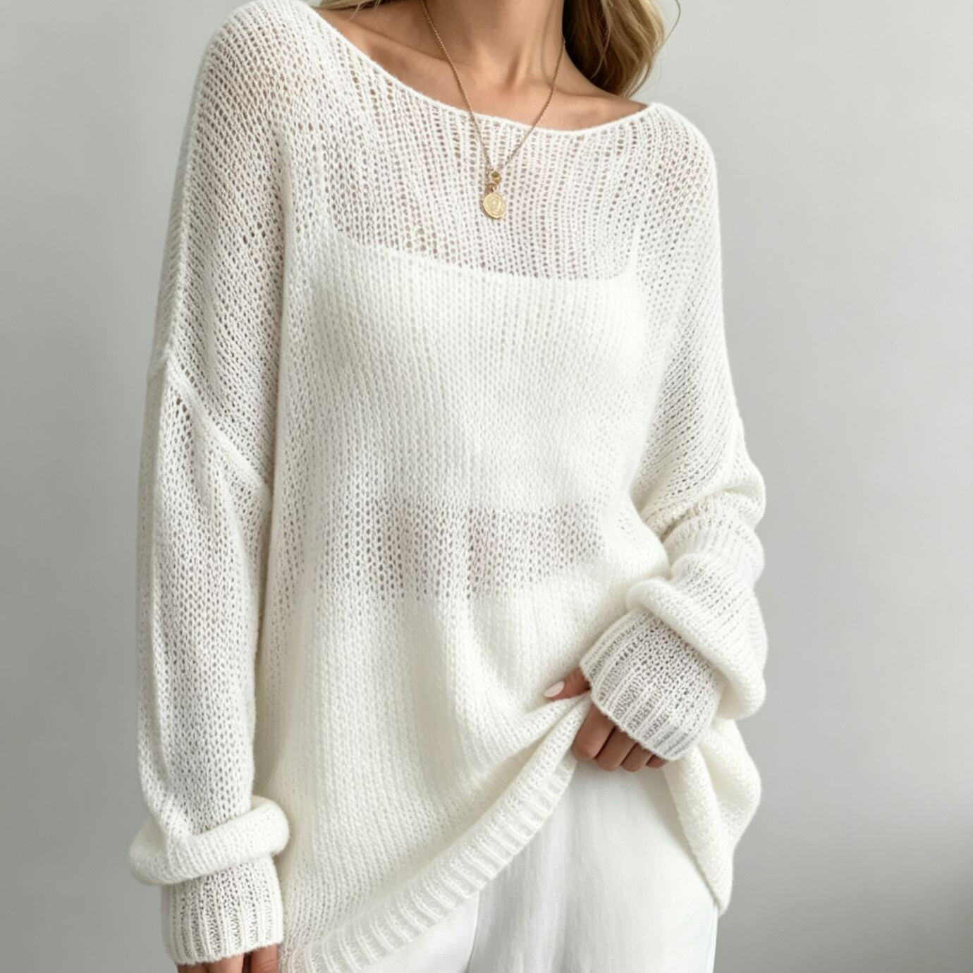 Lässiger, Einfarbiger, Transparenter, Locker Sitzender Strickpullover Aus Acryl 