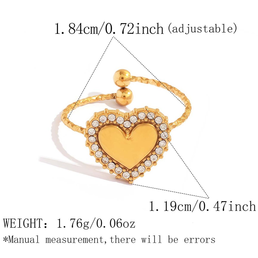 Simple Series Daily Heart Stainless Steel Waterproof   Gold Color  Rhinestone Statement Rings 