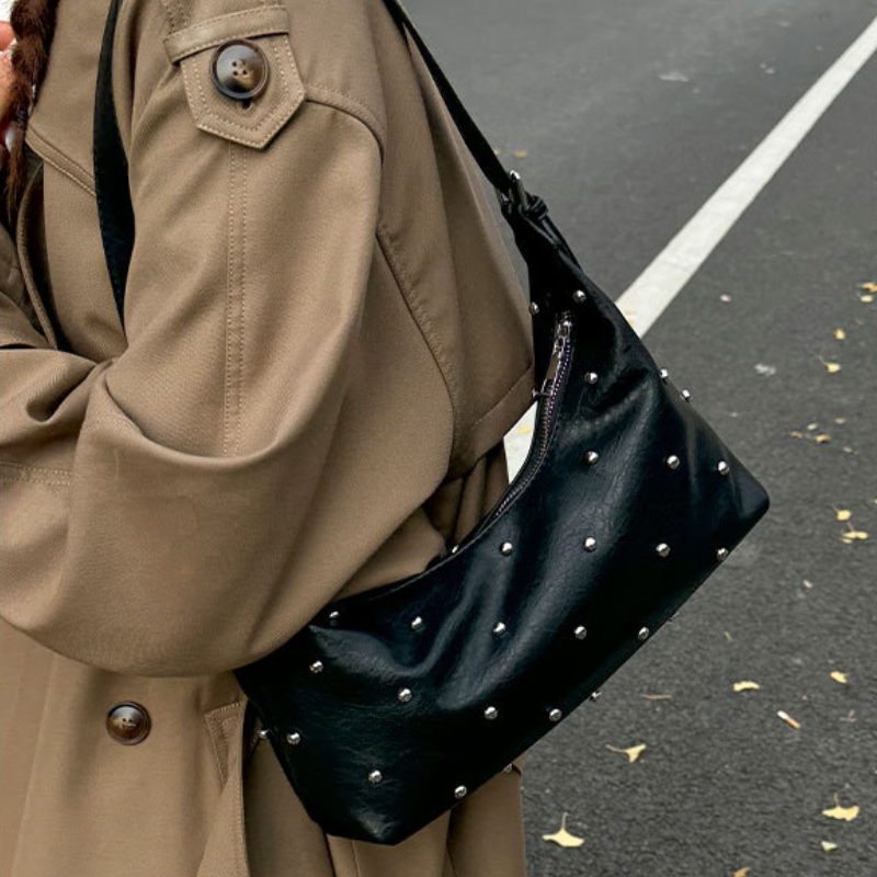 Borsa A Tracolla Quadrata Da Donna In Pu Di Alta Qualità, Stile Streetwear, Con Borchie In Metallo E Rivetti In Tinta Unita. Immagine7