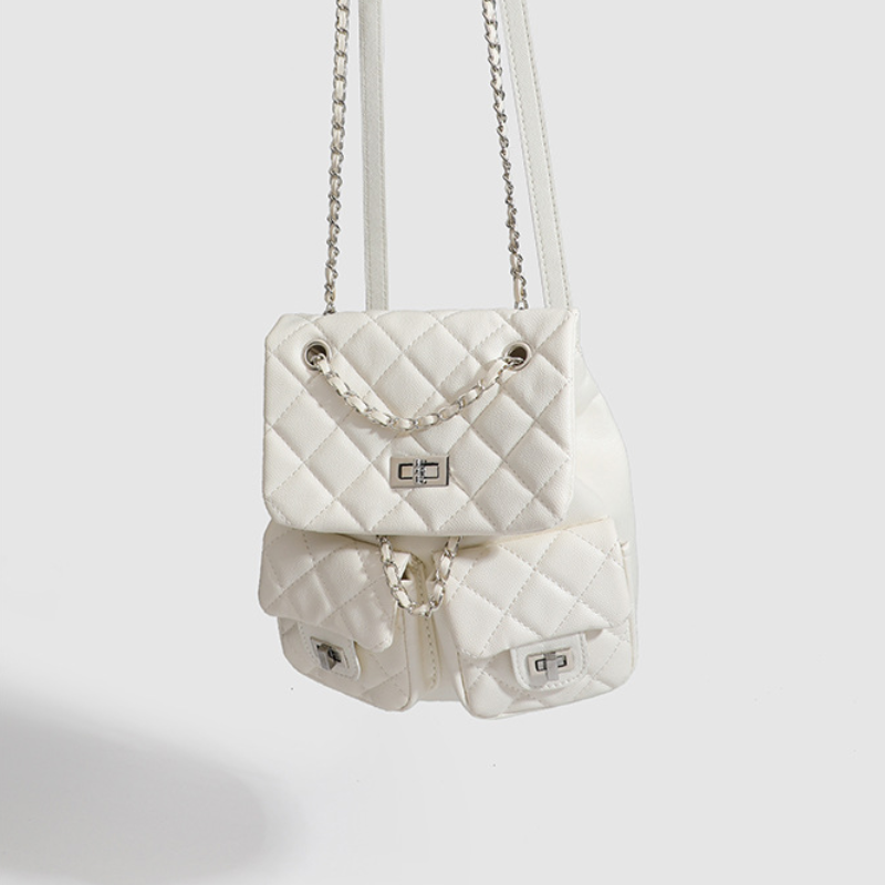 Casual Stijl, Gewatteerde Stiksels, Metalen Details, Effen Kleur, Ketting, Premium Kwaliteit Pu Damesrugzak Afbeelding2