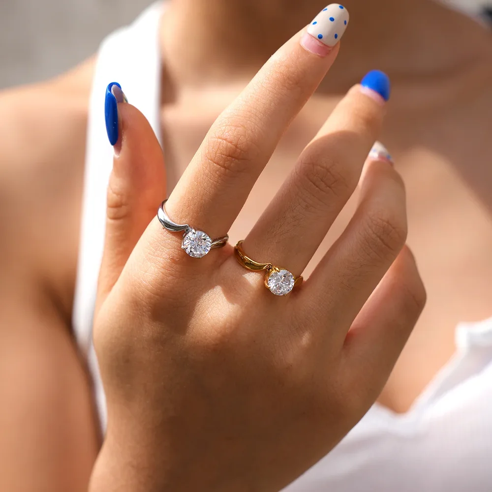 Simple Series Daily Irregular Shape Stainless Steel Waterproof Gold Color Zircon Gemstone Rings h5Picture5