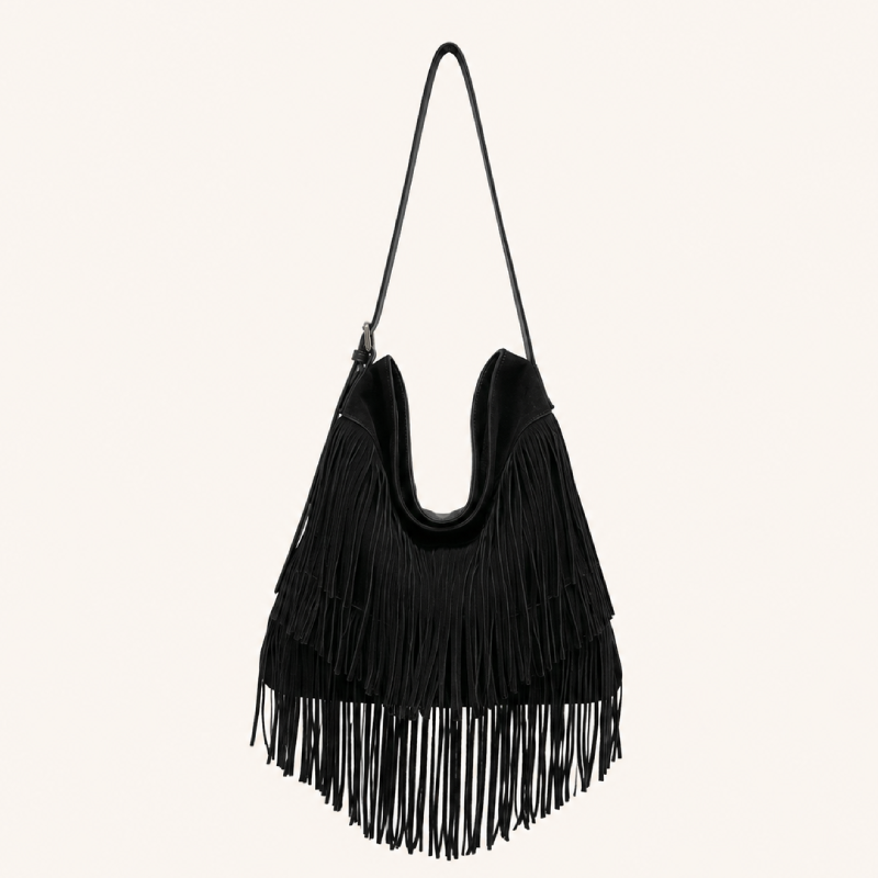 Borsa A Tracolla Quadrata Da Donna In Pelle Scamosciata, Tinta Unita, Stile Boho Con Nappine. h5Immagine2