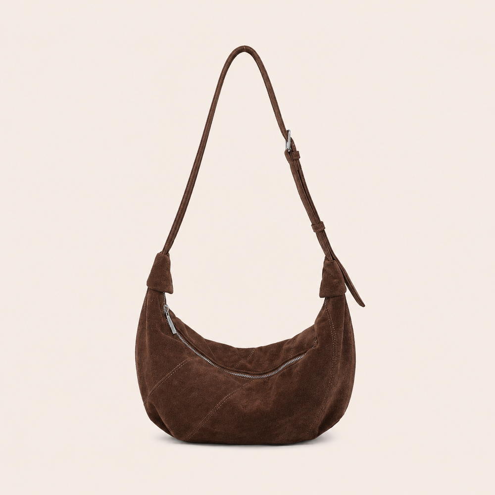 Borsa A Tracolla Da Donna In Pelle Scamosciata Con Patchwork A Tinta Unita, Stile Minimalista. h5Immagine2