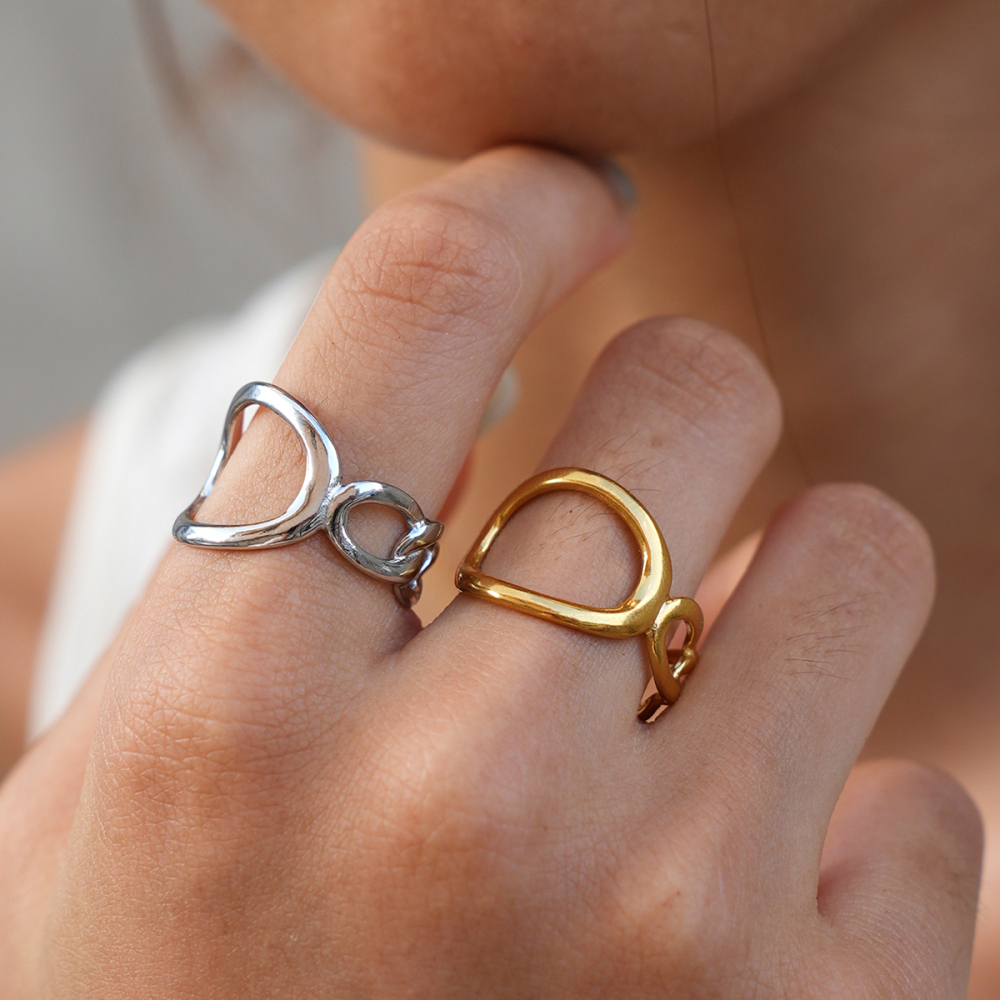 Simple Series Daily Irregular Shape Hollowed-Out Stainless Steel Waterproof Gold Color Statement Rings h5Picture5