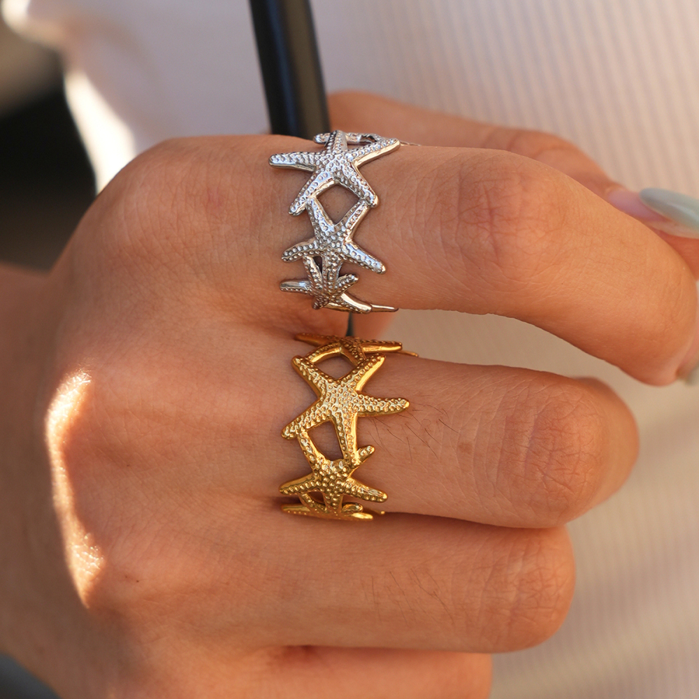 Simple Series Daily Starfish Stainless Steel Waterproof   Gold Color  Statement Rings Picture4