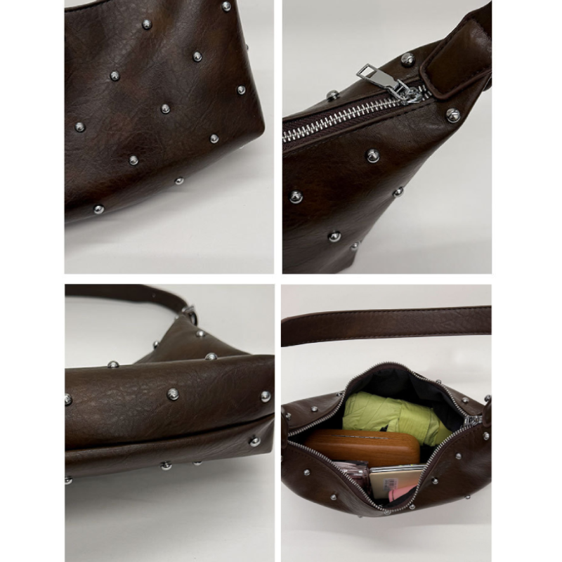 Borsa A Tracolla Quadrata Da Donna In Pu Di Alta Qualità, Stile Streetwear, Con Borchie In Metallo E Rivetti In Tinta Unita. h5 Immagine9