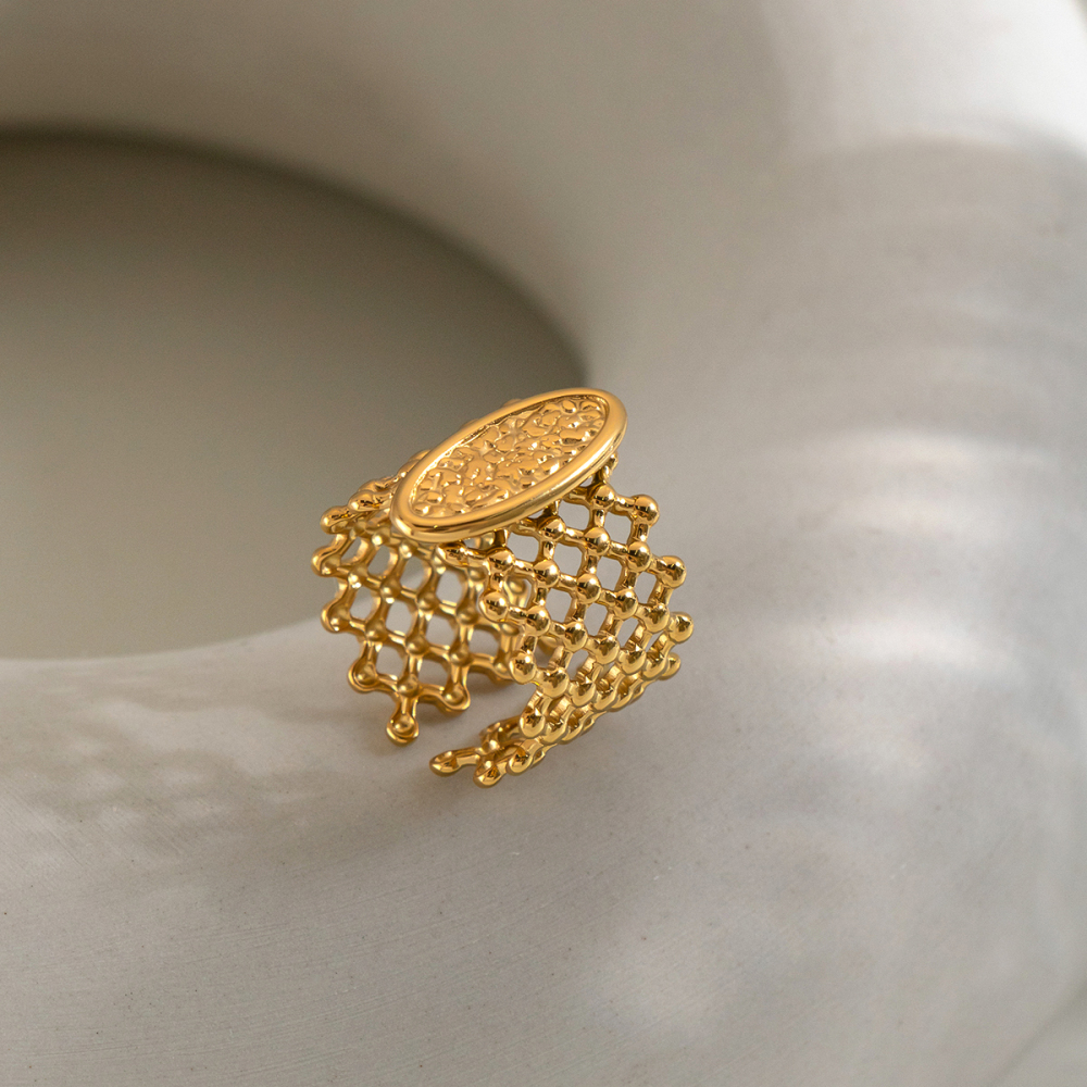 Grid Shape Stainless Steel Waterproof Gold Color Statement Rings Picture6