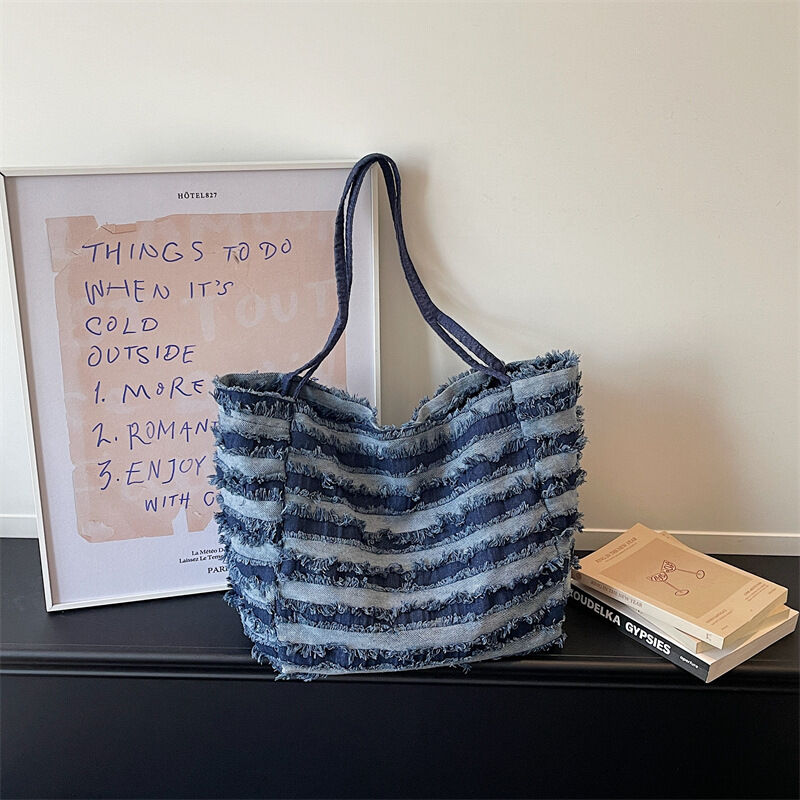 Borsa A Tracolla Quadrata Da Donna In Tela Con Patchwork A Tinta Unita E Strisce, Stile Casual. h5Immagine6