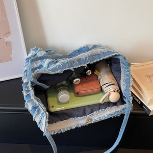 Borsa A Tracolla Quadrata Da Donna In Tela Con Patchwork A Tinta Unita E Strisce, Stile Casual. h5 Immagine7