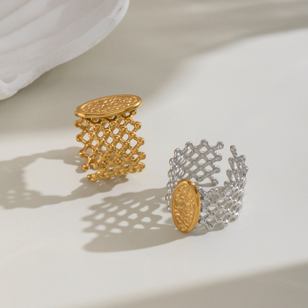 Grid Shape Stainless Steel Waterproof Gold Color Statement Rings 2