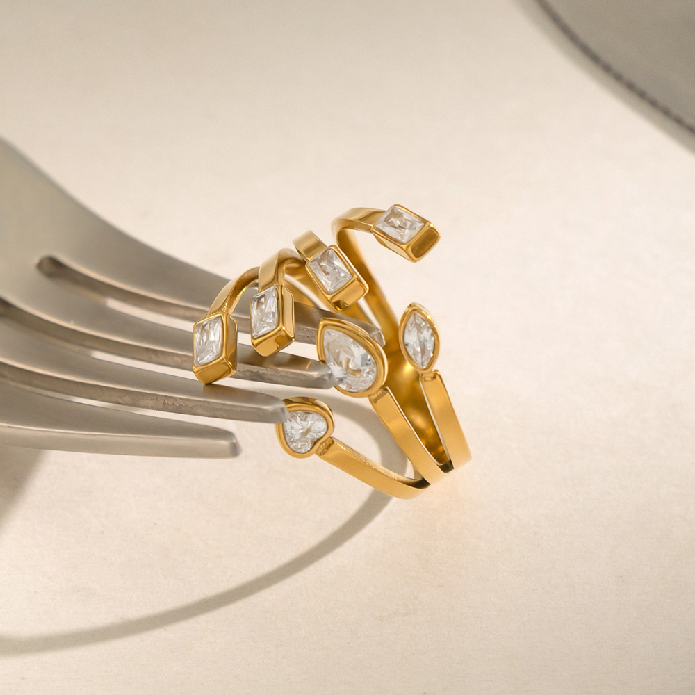 Irregular Shape Stainless Steel Waterproof Gold Color  Gemstone Rings Picture5
