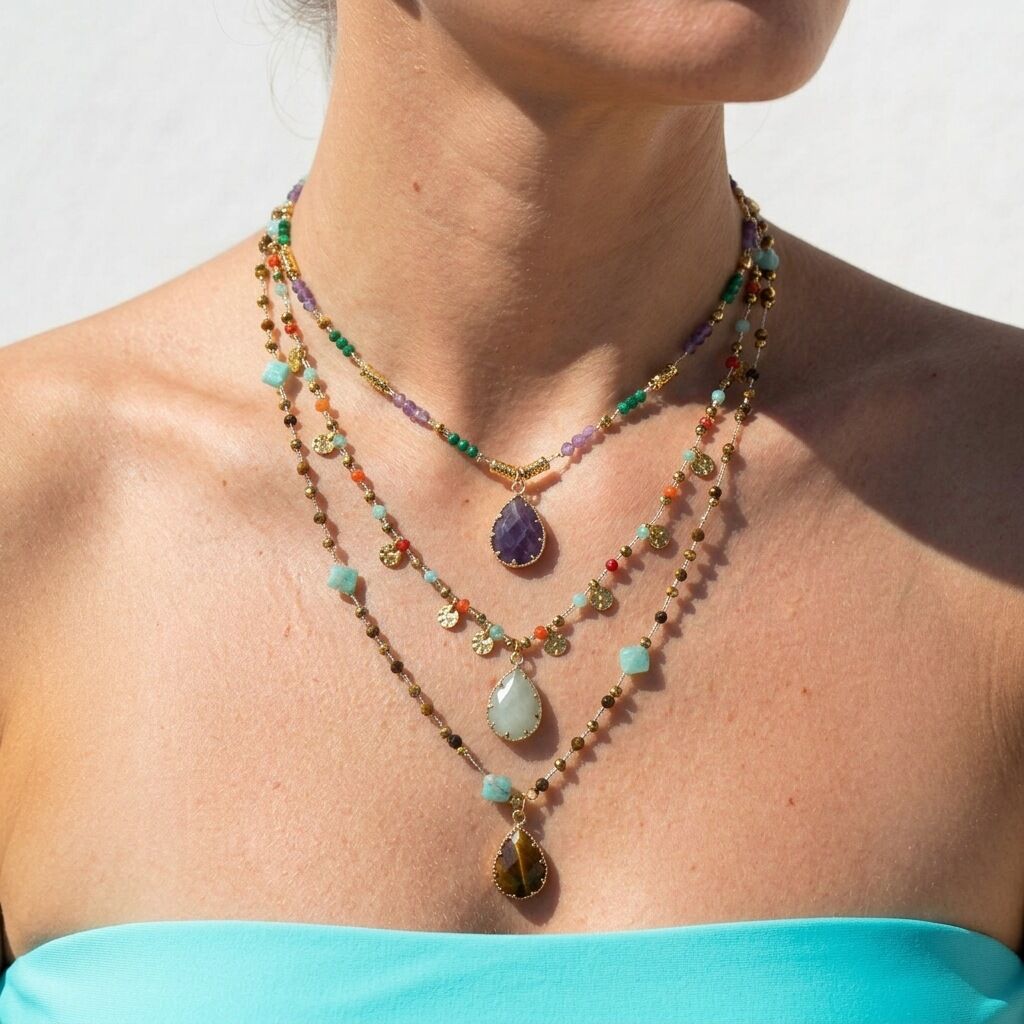 Collares De Cuentas Para Mujer De La Serie Romántica, Estilo Retro, Con Forma De Gota, Piedras Naturales Y Color Dorado. Imagen2