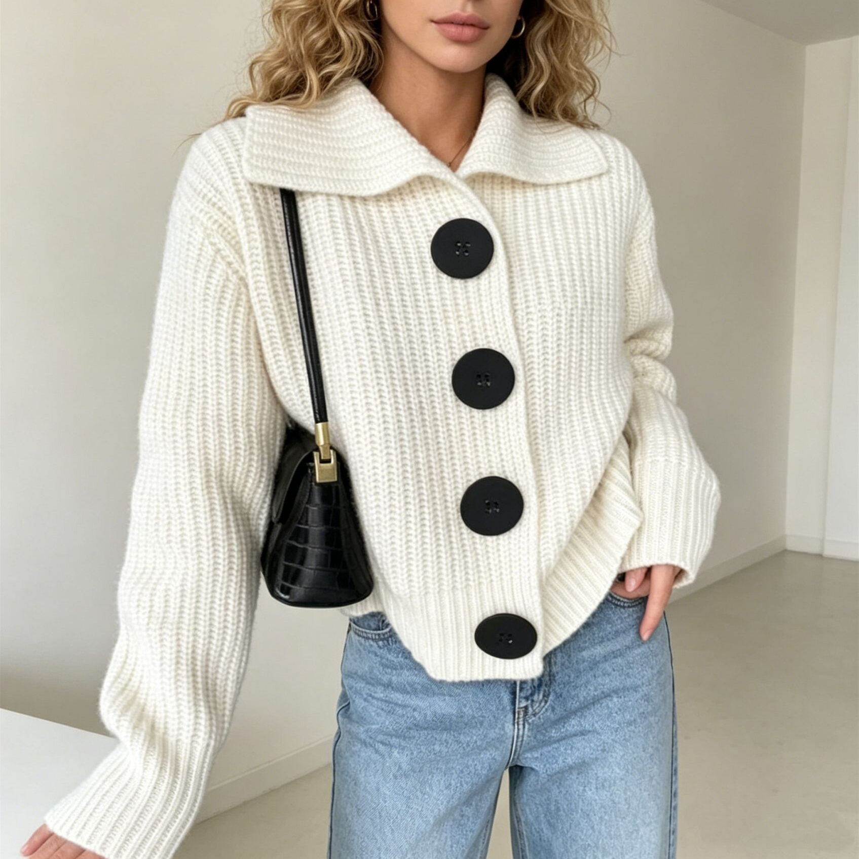 Retro-Strickjacke In Unifarben Mit Knopfleiste h5 Bild3