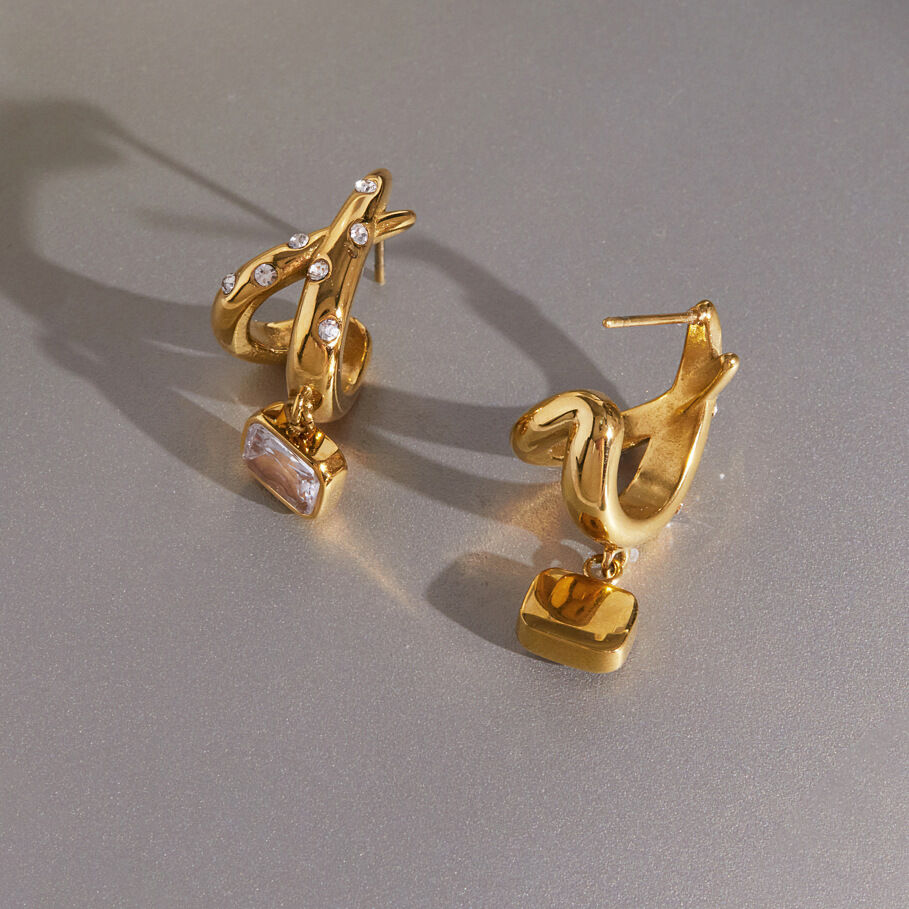 Orecchini Pendenti Da Donna In Acciaio Inossidabile Color Oro, Impermeabili, Con Strass E Zirconi, Dalla Forma Geometrica. Immagine3