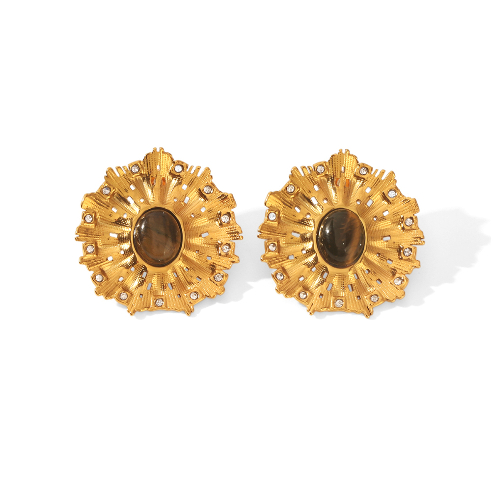 Retro Sun Shape Stainless Steel Waterproof Gold Color Natural Stone Zircon Women's Stud Earrings