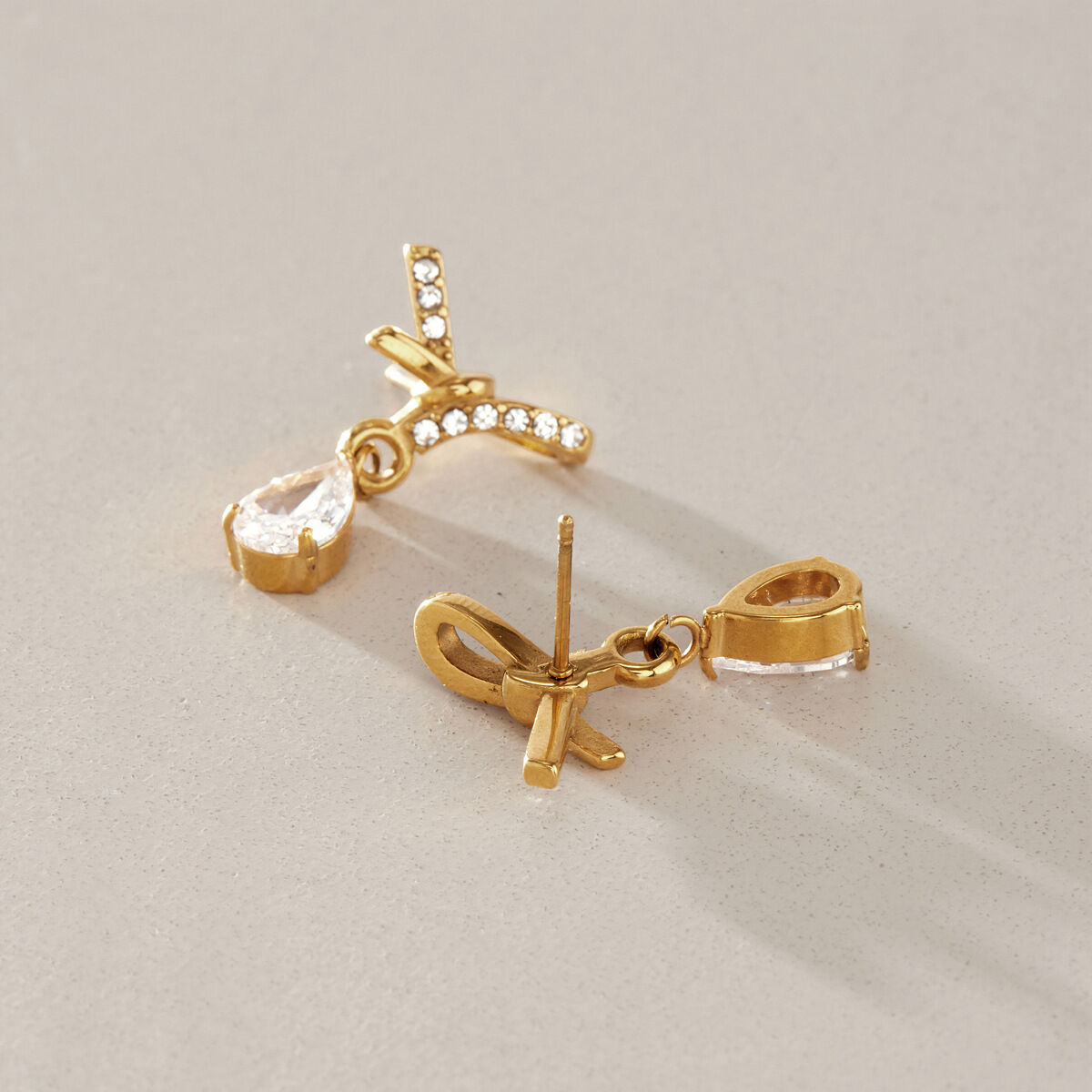 Bow Knot Stainless Steel Waterproof Gold Color Rhinestone Zircon Women's Drop Earrings Picture3