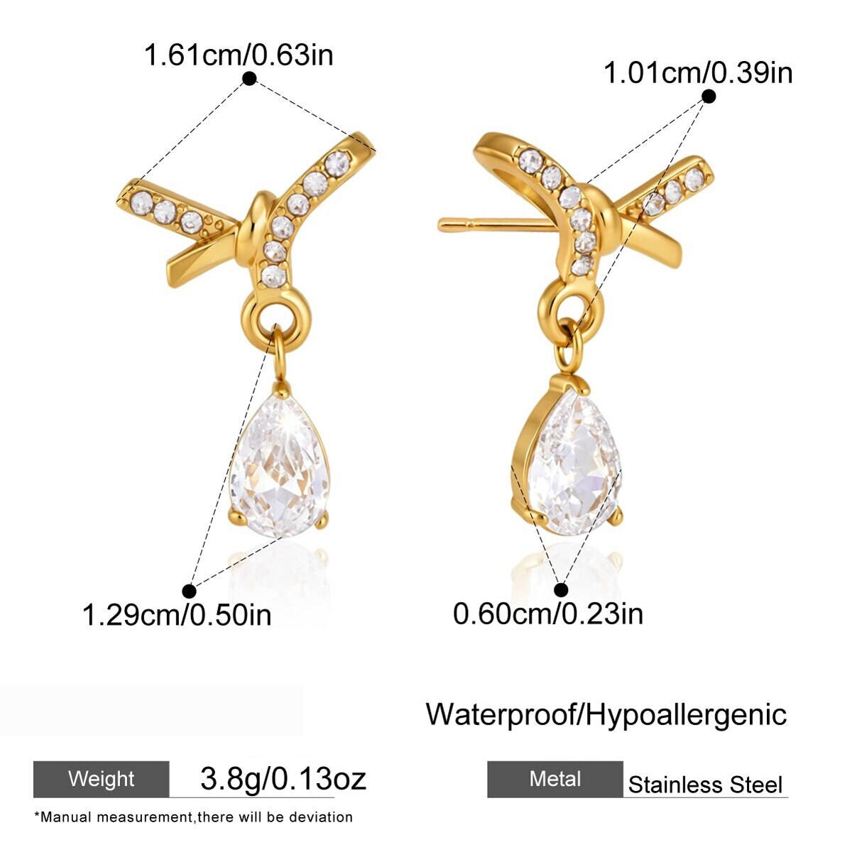 Bow Knot Stainless Steel Waterproof Gold Color Rhinestone Zircon Women's Drop Earrings 