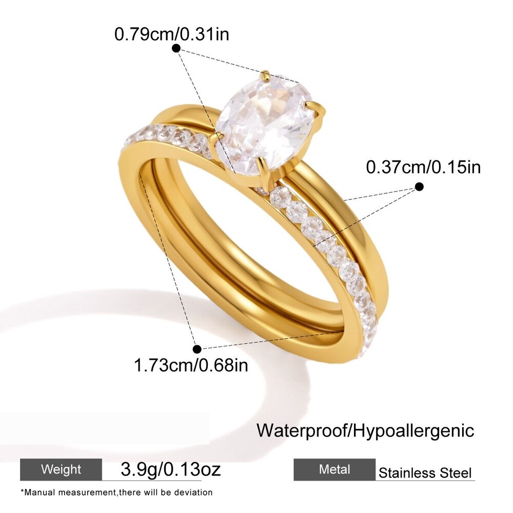 Luxurious Ellipse Shape Stainless Steel Waterproof Gold Color Rhinestone Zircon Women's Gemstone Rings